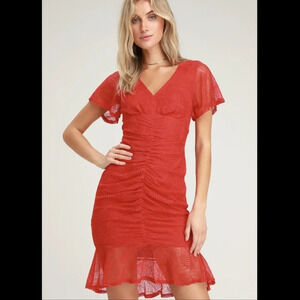 LULUS sz.S Harlou Red Lace Sexy Ruched Bodycon Dress Mermaid Short Sleeve Event